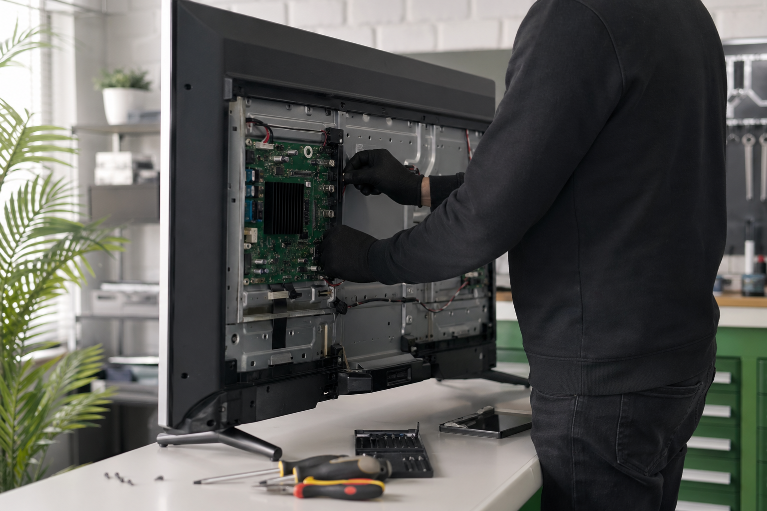 TV repair technician working on a television set