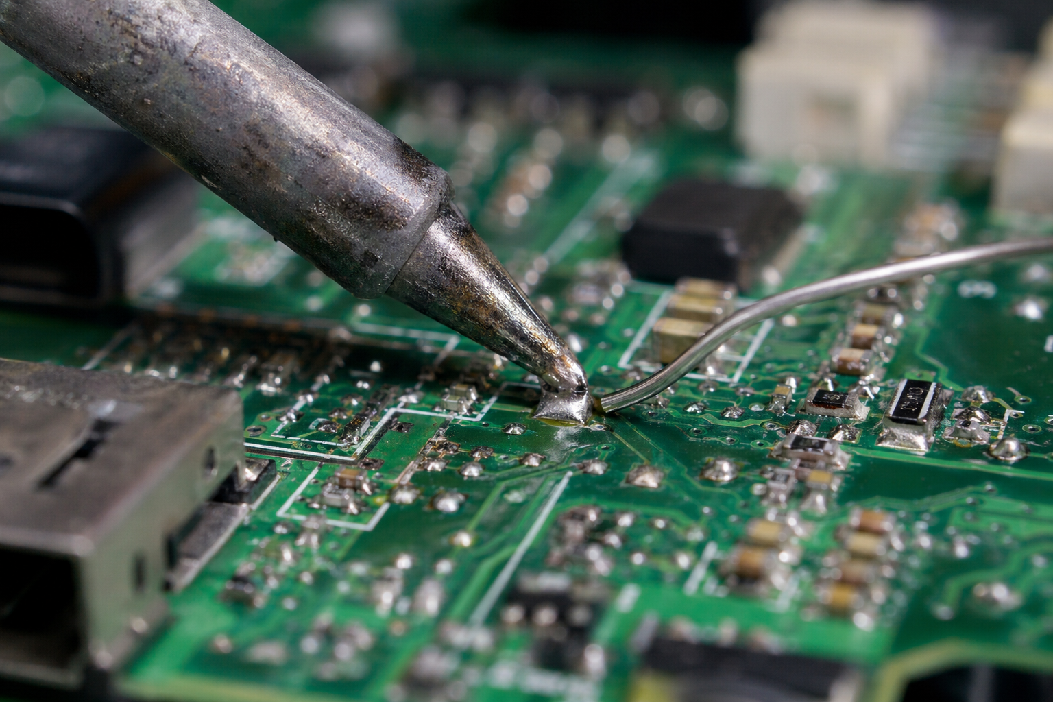 Close-up of TV circuit board repair process