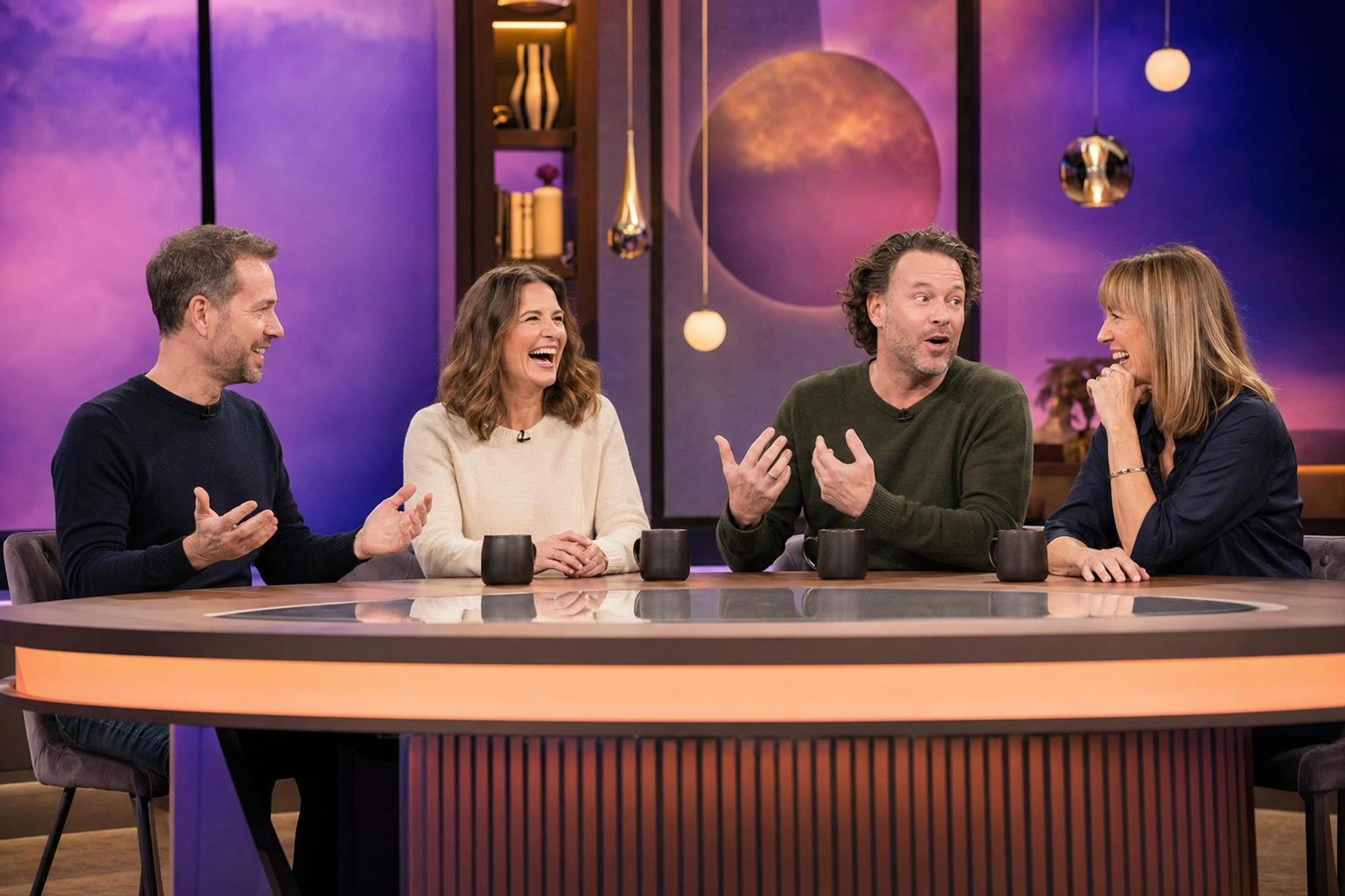 TV studio broadcast panel with animated hosts