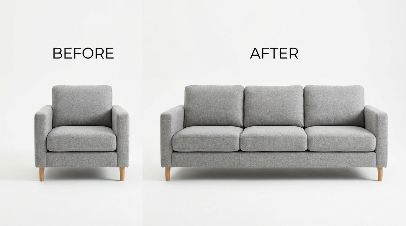 The Shrinkable Sofa shown in its compact armchair form (left) and fully expanded three-seater form (right)